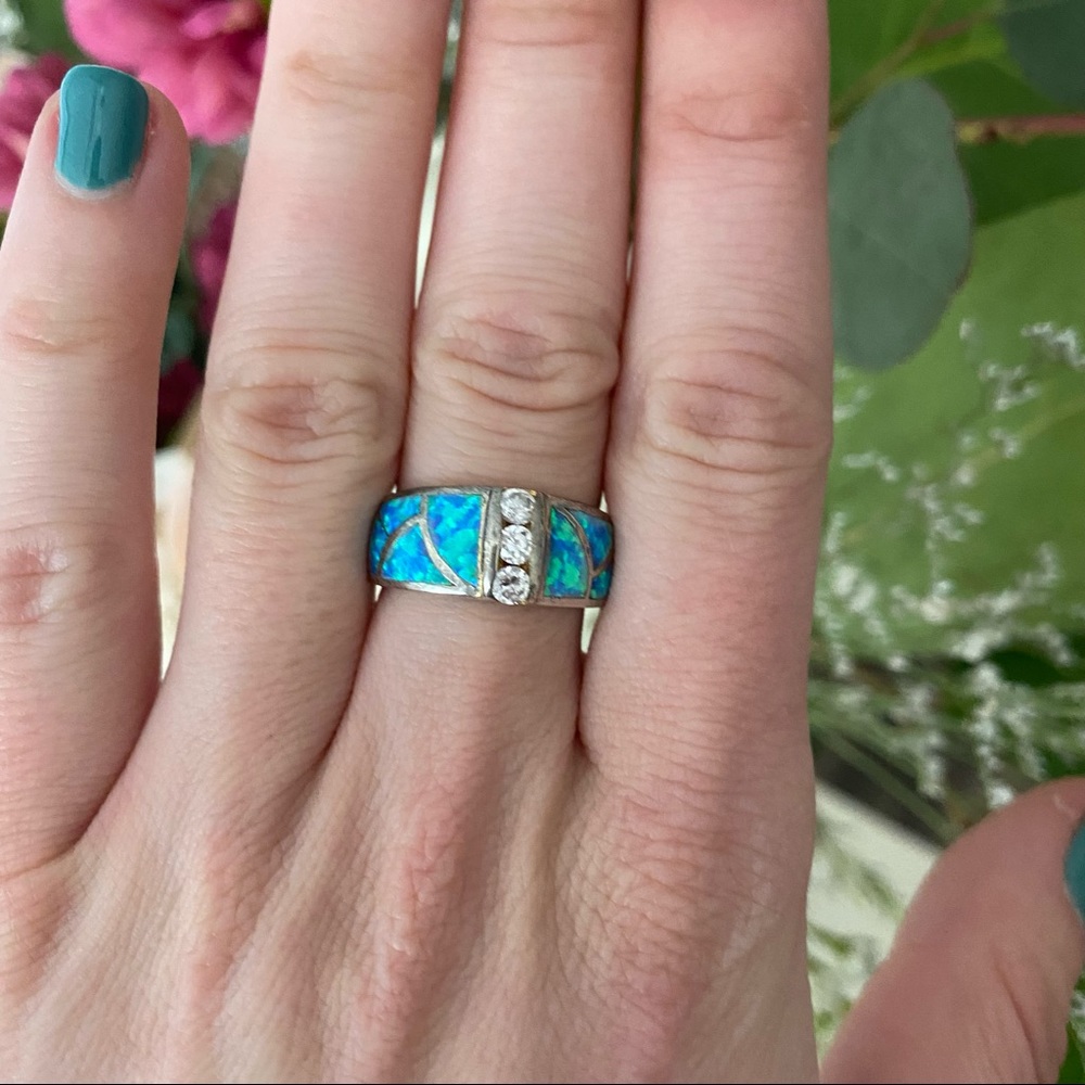 Vintage 925 Sterling Silver Blue Fire Opal Ring - Picture 9 of 12